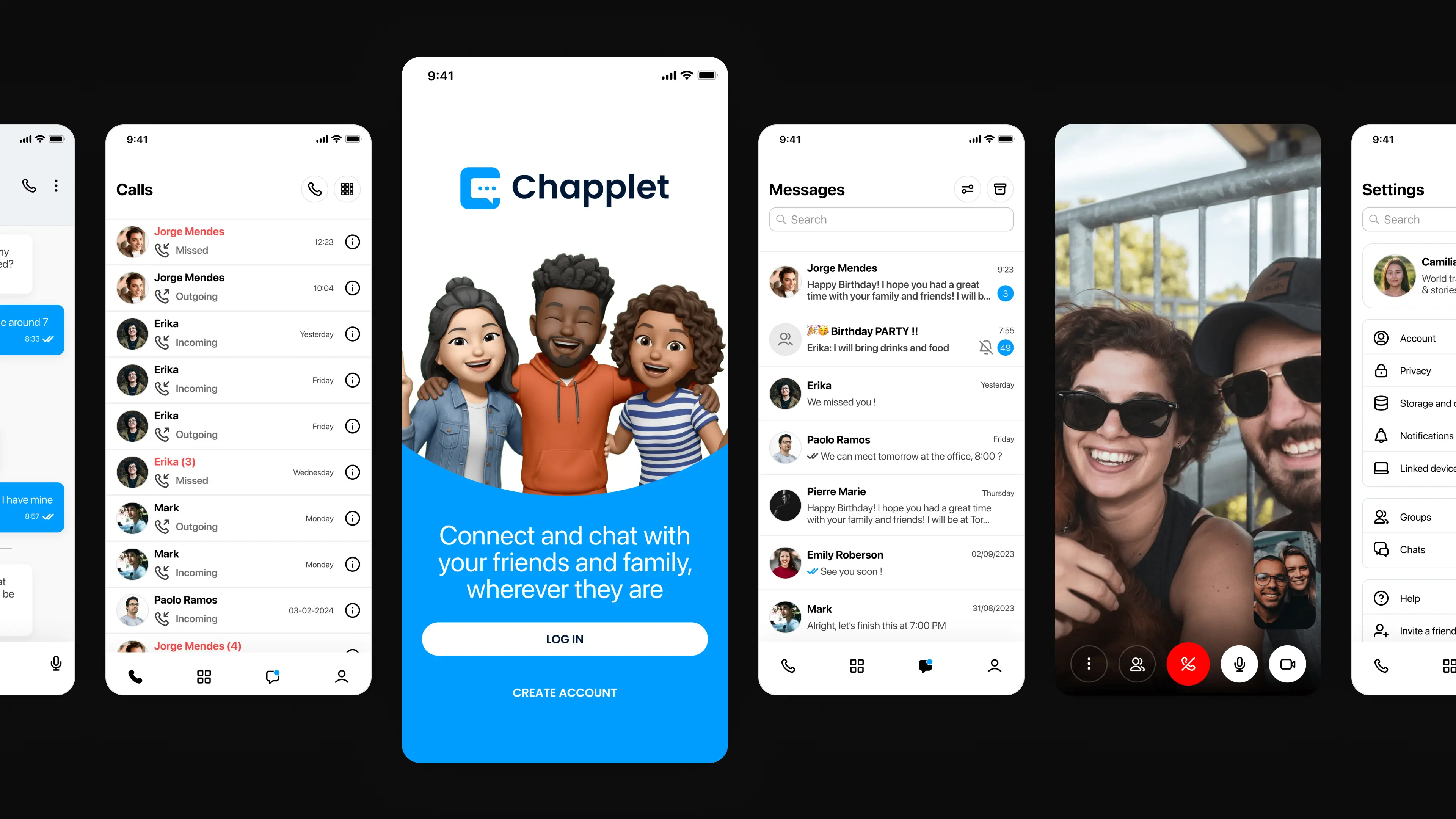 Chapplet app screens, from login to video call