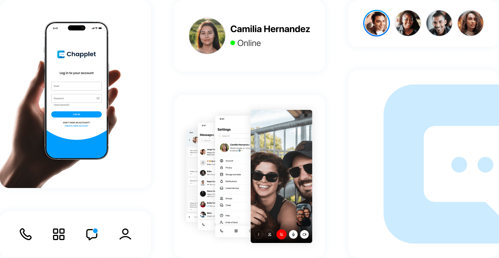 Chapplet components: login screen, contact card, avatars, tab bar, screens and the mark