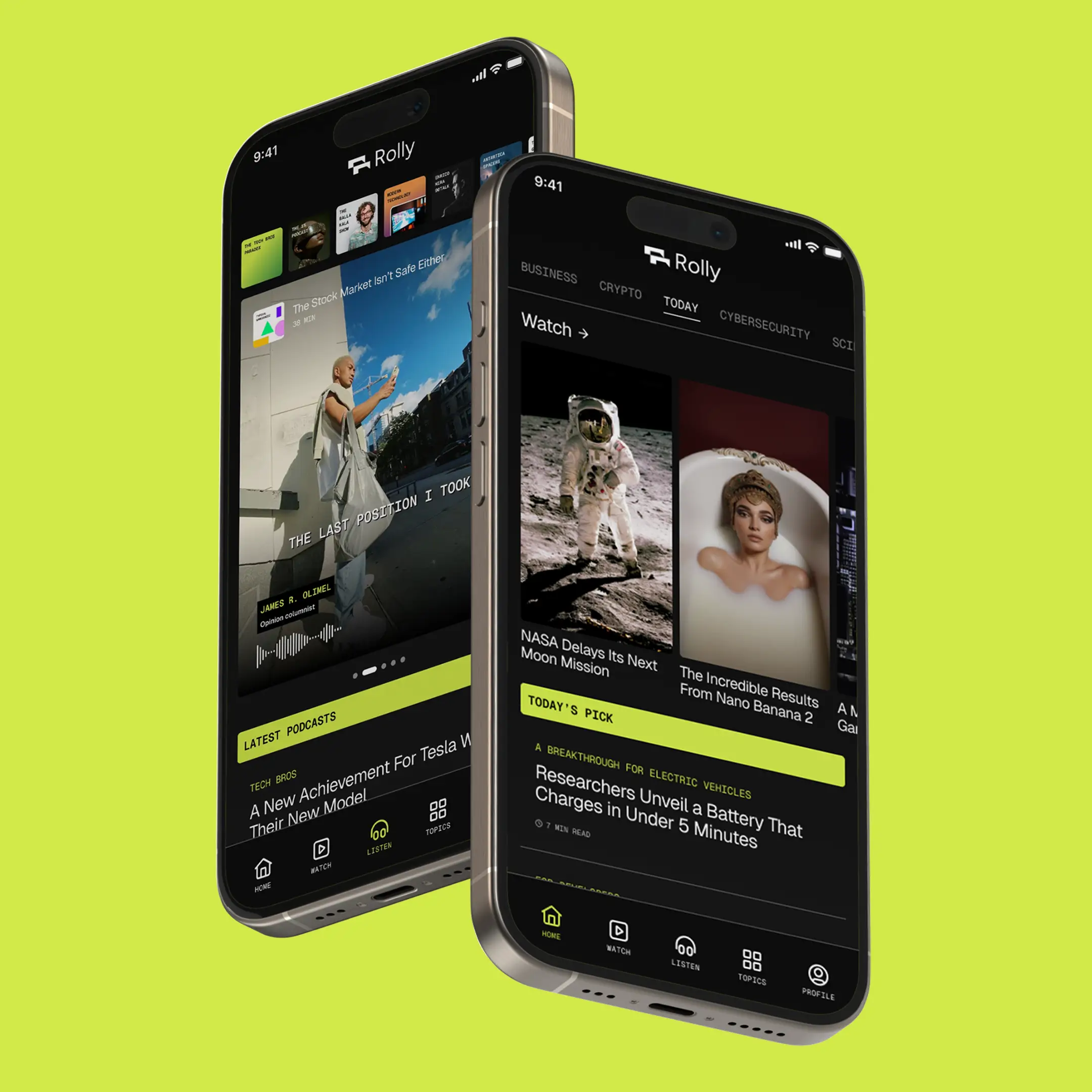 Two phones showing the Rolly listen and home screens