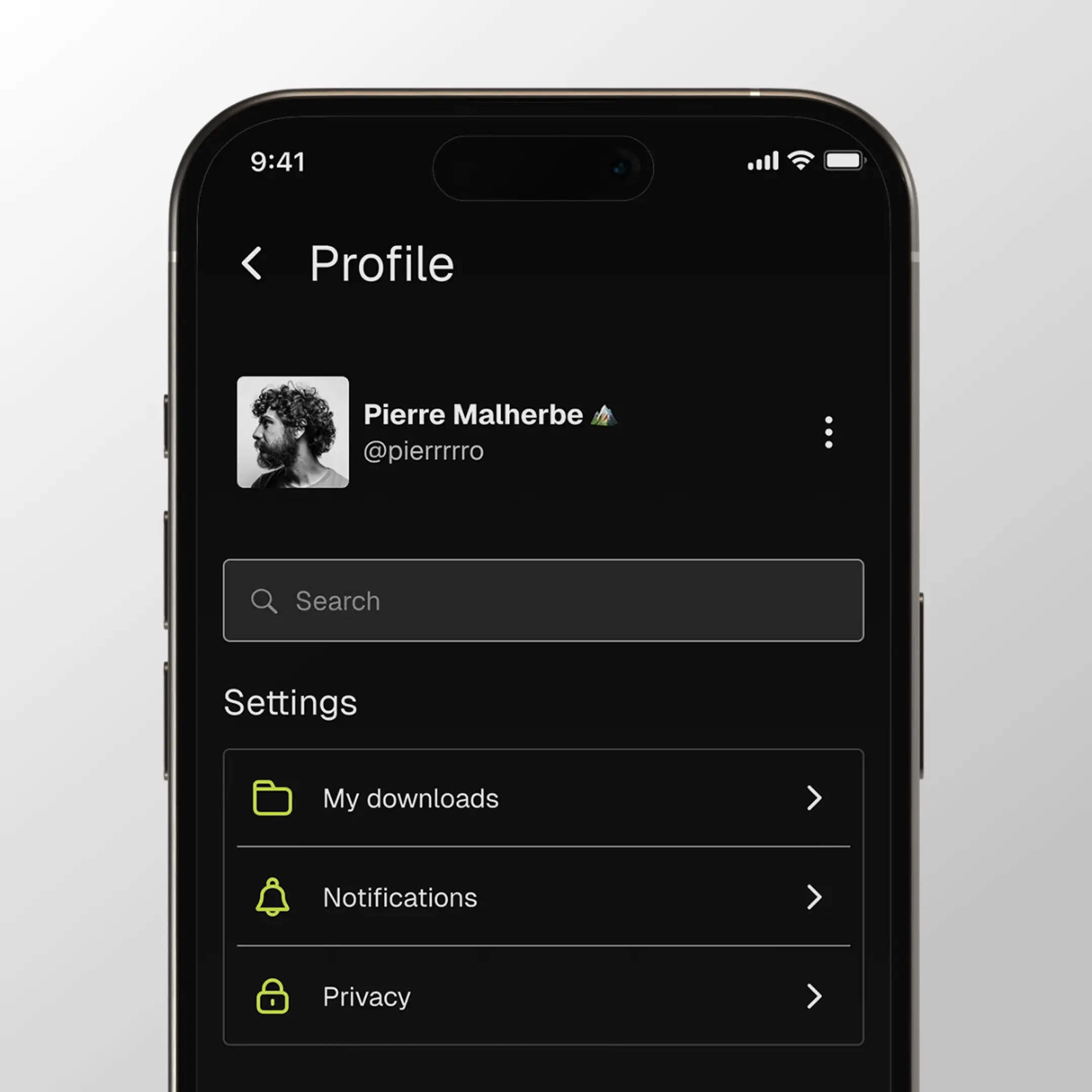 Close up of an iPhone showing the Rolly profile and settings screen