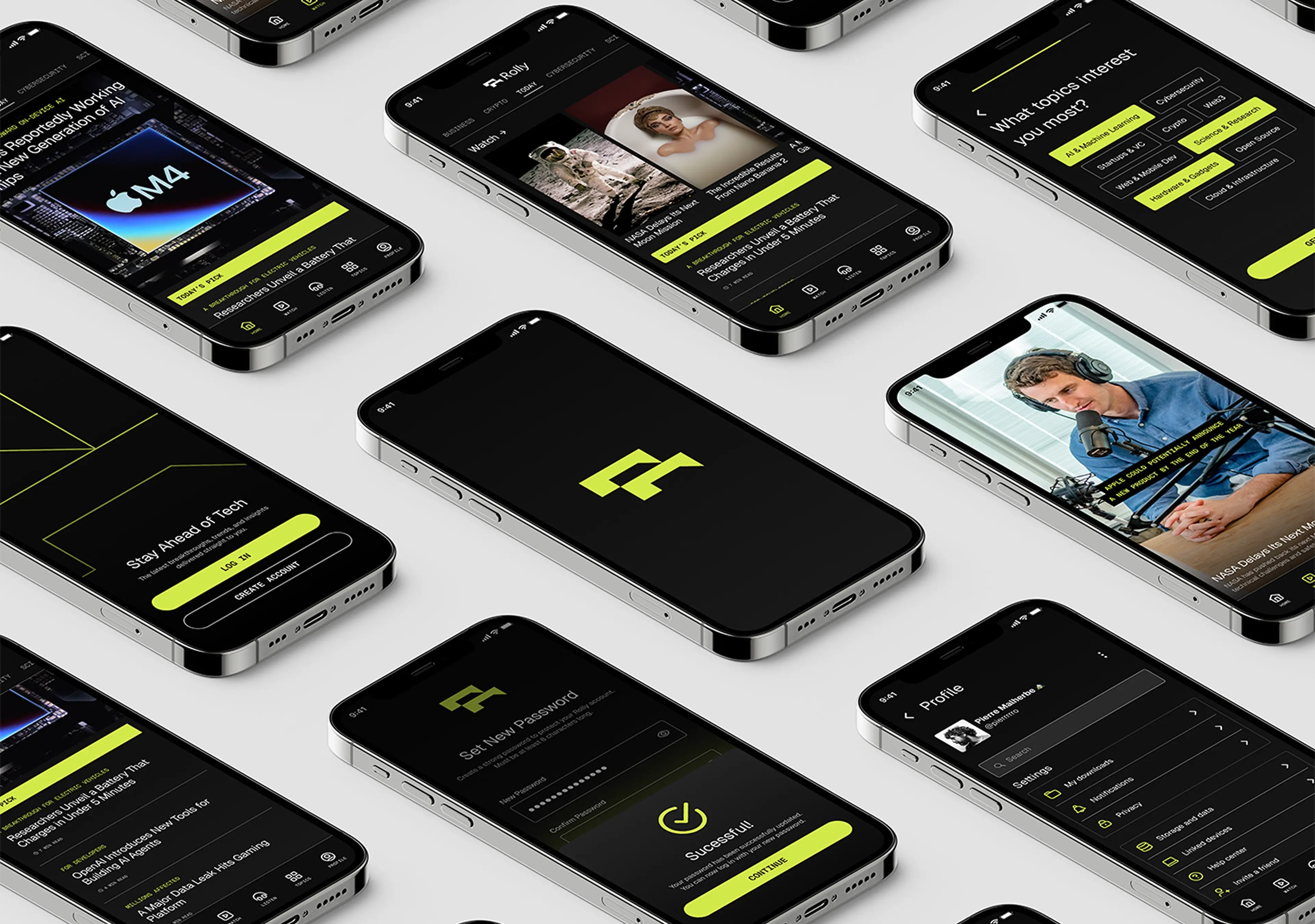 Rolly app screens on phones laid out in a grid