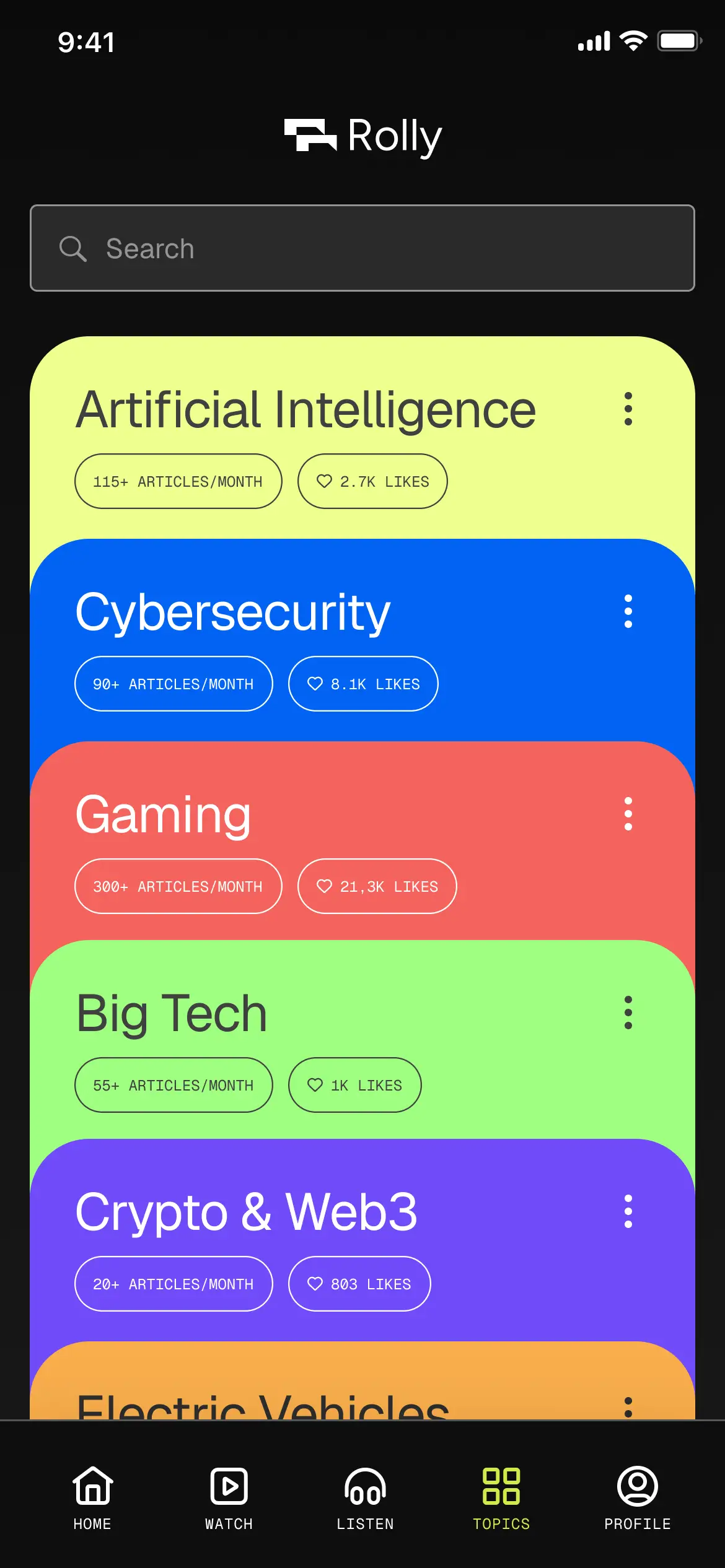 Rolly topics screen
