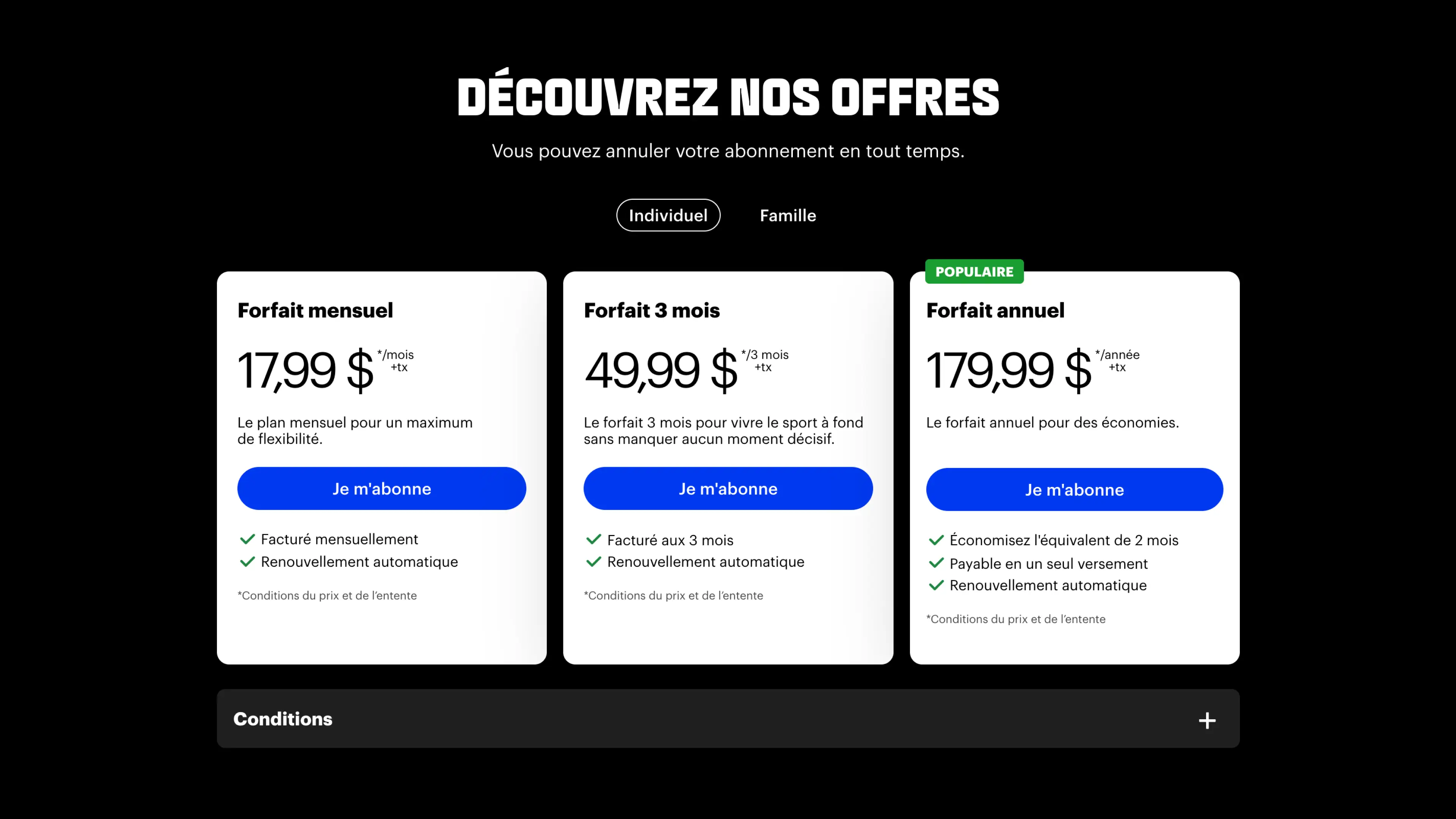 The pricing section of a TVA Sports landing page